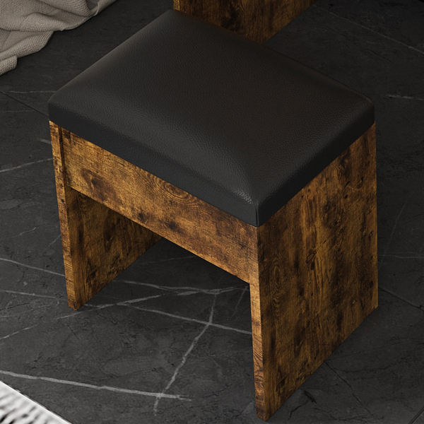 带镜子、可调节LED灯、电源插座、吹风机架和凳子的梳妆台——适用于小卧室的紧凑型梳妆台（复古款）-6