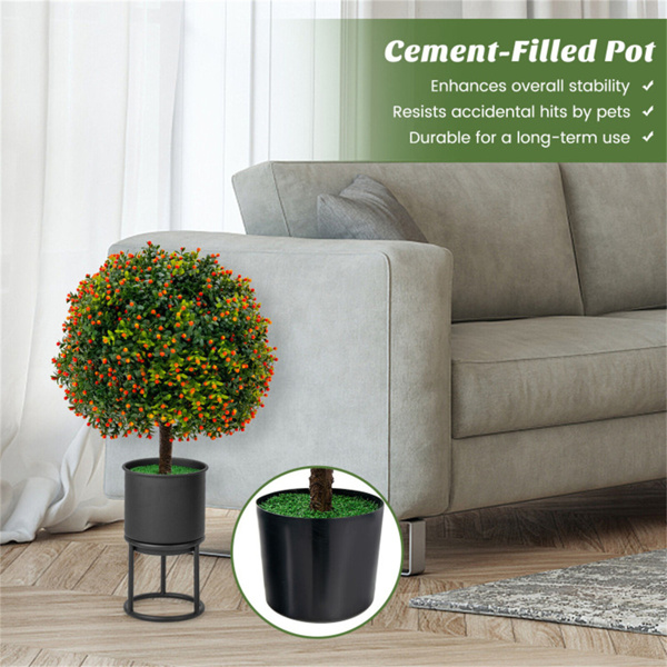 2件套22英寸人造园艺球树-15英寸箱形木球+橙色水果，PE/PVC+水泥，绿色+橙色-9