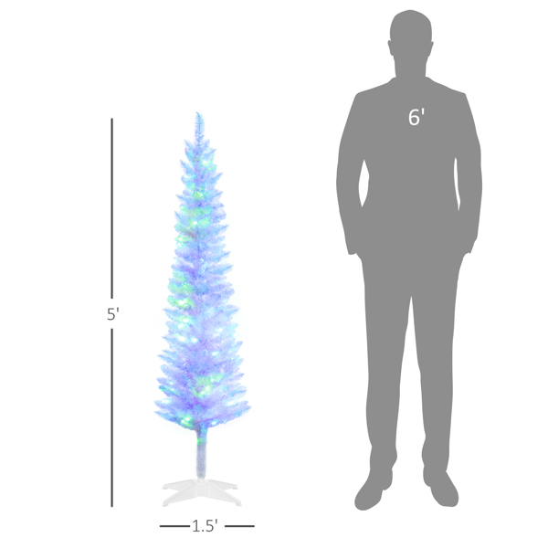 5英尺高铅笔形预亮灯人造圣诞树，节日装饰，带250根彩色表面树枝和150个彩色LED灯，白色-6