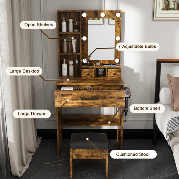 带镜子、可调节LED灯、电源插座、吹风机架和凳子的梳妆台——适用于小卧室的紧凑型梳妆台（复古款）-7