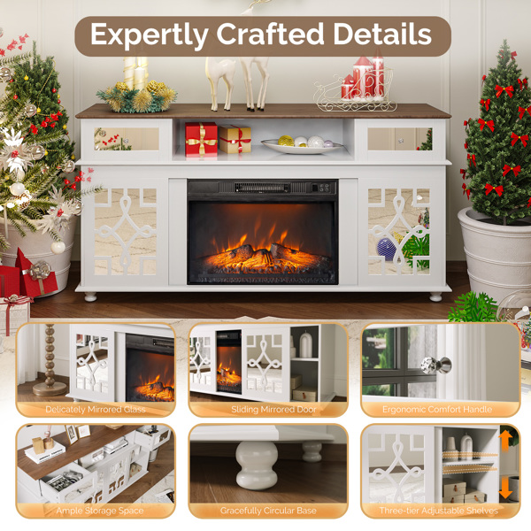 白色 152*40.6*78.7 密度板柜体 刨花层板 2门2抽1搁架 柜门带镜面 图案 适用23in壁炉 壁炉电视柜-4