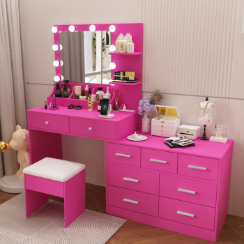 芭比粉 刨花板 贴麻面三胺 9抽2层架 1桌面收纳 梳妆桌套装 带三色调光灯泡 组合柜