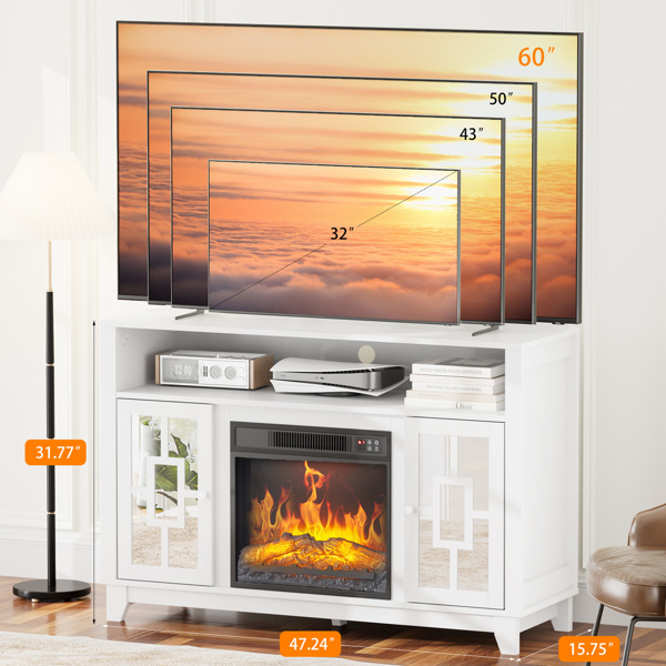 白色 浮雕面 120x40x80.7cm 蜂巢板 刨花板贴三胺 带镜面双门 适用18in壁炉芯 壁炉电视柜 -4