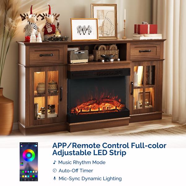 58寸深胡桃木色二门二抽一搁架方格玻璃壁炉柜 147.4*45*80cm 24寸三面玻璃壁炉芯-4