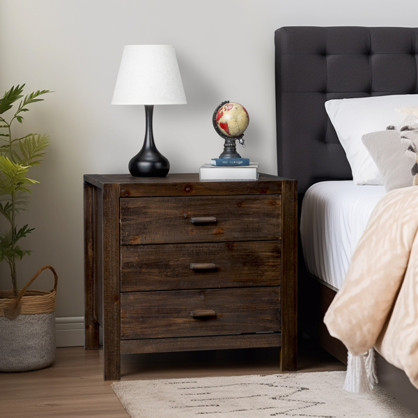 复古棕 密度板 贴实木皮 61*43*60cm 3抽 床头柜 带2个USB 2个电源接口-1