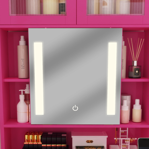 芭比粉 刨花板 贴麻面三胺 3抽2门 1LED3色调光可滑动镜 梳妆桌套装 带RGB灯带 1对羊角钩 排插 吹风机座 脚轮 小尺寸-2