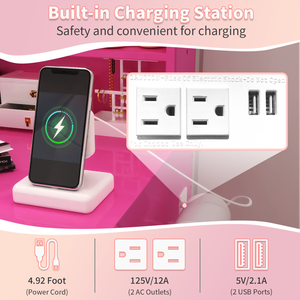 芭比粉 刨花板 贴麻面三胺 3抽2门 1LED3色调光可滑动镜 梳妆桌套装 带RGB灯带 1对羊角钩 排插 吹风机座 脚轮 小尺寸-8