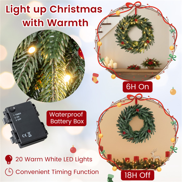 24英寸圣诞花环（绿色）-20个暖白色LED+松果+红色浆果-6