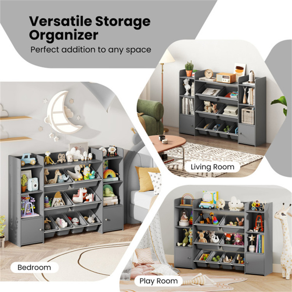 灰色多功能儿童储物架-玩具收纳架+书架，56英寸x12英寸x39英寸，防倾倒，容量265磅-10