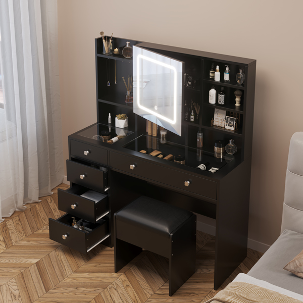 黑色 刨花板 钢化玻璃桌面 贴麻面三胺 5抽 带层架 带挂钩 带镜柜 梳妆桌套装 带排插 带LED三色调光镜-8