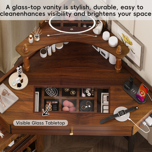 转角梳妆台套装，带储物软垫凳和充电站；三角形化妆台，带可拆卸拉出式侧柜；玻璃桌面化妆台，带抽屉和搁板；胡桃木色-20