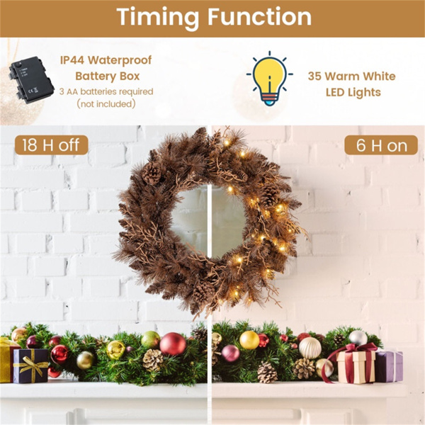 24英寸预点燃圣诞花环-35个暖白色LED灯+6个松果，105个树枝尖（棕色）-6
