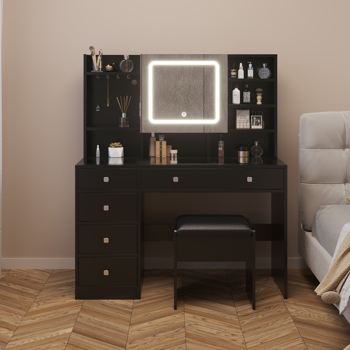 黑色 刨花板 钢化玻璃桌面 贴麻面三胺 5抽 带层架 带挂钩 带镜柜 梳妆桌套装 带排插 带LED三色调光镜