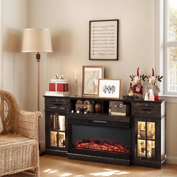 70寸黑金橡木色二门二抽一搁架方格玻璃壁炉柜 177.8*45*80cm 36寸三面玻璃壁炉芯-7