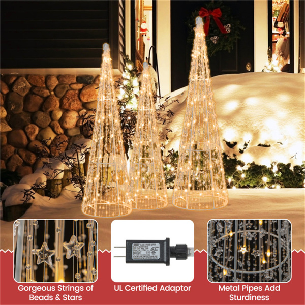 3件式预点亮圣诞锥树-90个暖白色LED灯+星形珠串，防水，32英寸/28英寸/24.5英寸尺寸-9