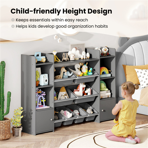 灰色多功能儿童储物架-玩具收纳架+书架，56英寸x12英寸x39英寸，防倾倒，容量265磅-11