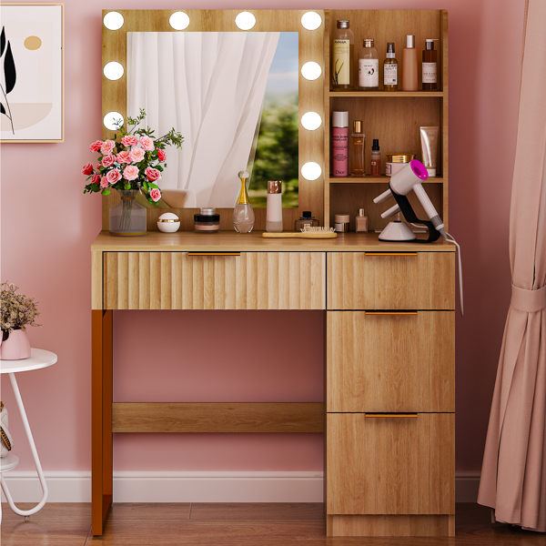 橡木色 刨花板 贴麻面三胺 4抽2层架 梳妆桌 带10粒三色调光灯泡 带排插 格栅系列-6