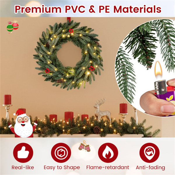 24英寸圣诞花环（绿色）-20个暖白色LED+松果+红色浆果-7