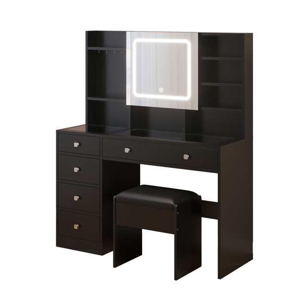 黑色 刨花板 钢化玻璃桌面 贴麻面三胺 5抽 带层架 带挂钩 带镜柜 梳妆桌套装 带排插 带LED三色调光镜-11