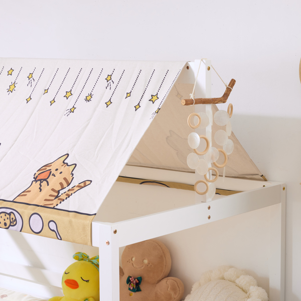 白色 油漆面 松木 带布蓬屋顶造型 195*95*141cm 儿童木床-11