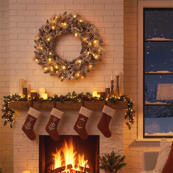 24英寸预点燃圣诞花环-35个暖白色LED灯+6个松果，105个树枝尖（棕色）-4