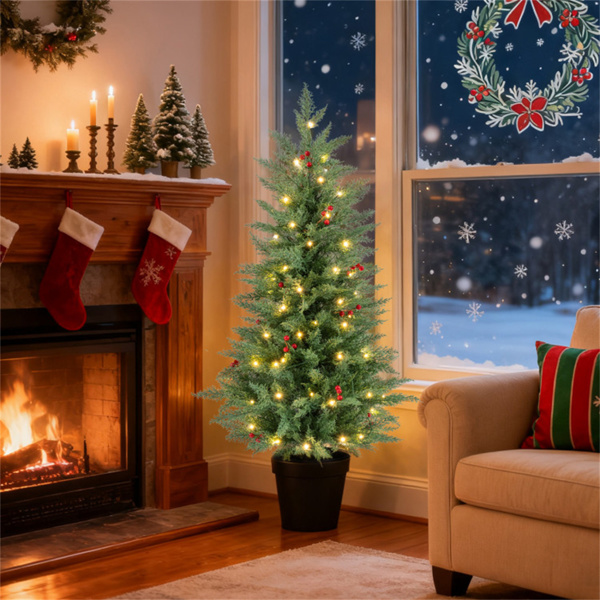 2棵4FT LED圣诞树，带定时器和15个红莓簇，易于组装-8