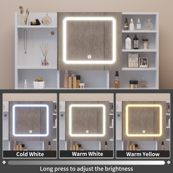 白色 刨花板 钢化玻璃桌面 贴麻面三胺 5抽 带层架 带挂钩 梳妆桌套装 带排插 LED三色调光镜-7