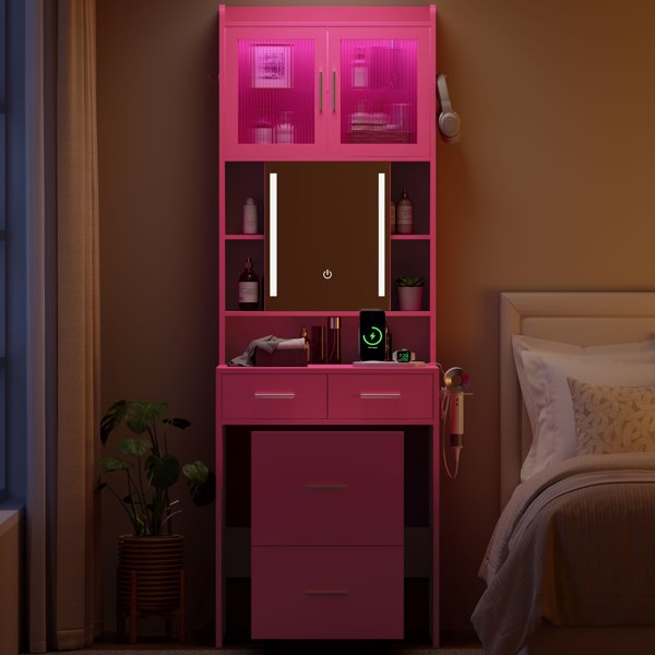 芭比粉 刨花板 贴麻面三胺 3抽2门 1LED3色调光可滑动镜 梳妆桌套装 带RGB灯带 1对羊角钩 排插 吹风机座 脚轮 小尺寸-6