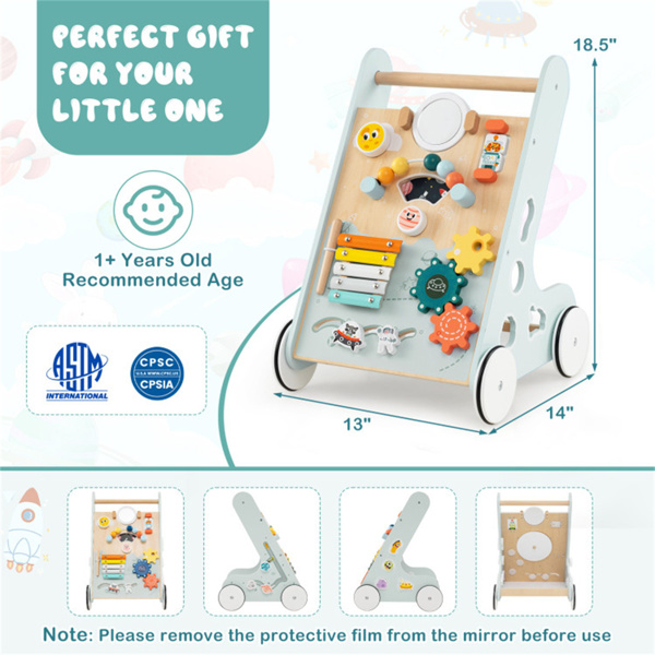 8合1木制婴儿学步车推拉学习活动中心，带轮子，适合1岁以上幼儿-绿色-4