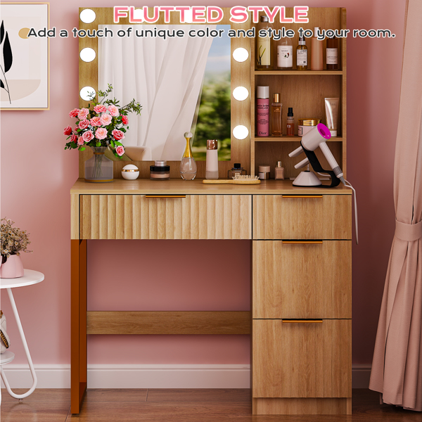 橡木色 刨花板 贴麻面三胺 4抽2层架 梳妆桌 带10粒三色调光灯泡 带排插 格栅系列-5