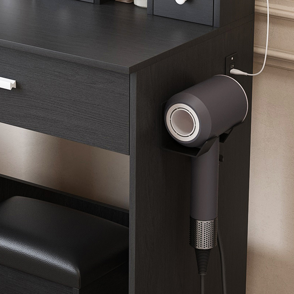 带镜子、可调节LED灯、电源插座、吹风机支架和凳子的梳妆台——适用于小卧室的紧凑型梳妆台（黑色）-7