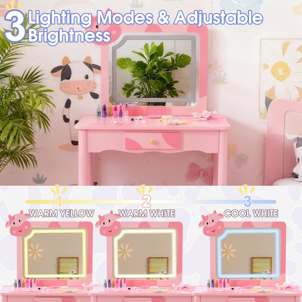 粉色 密度板+实木腿 喷漆+丝印 奶牛 1抽 儿童梳妆桌套装 LED三色调光触摸开关-6