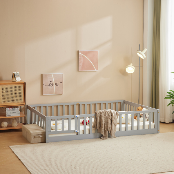 灰色 油漆面 松木 围栏床 带门 带铺板 Full 儿童木床-13