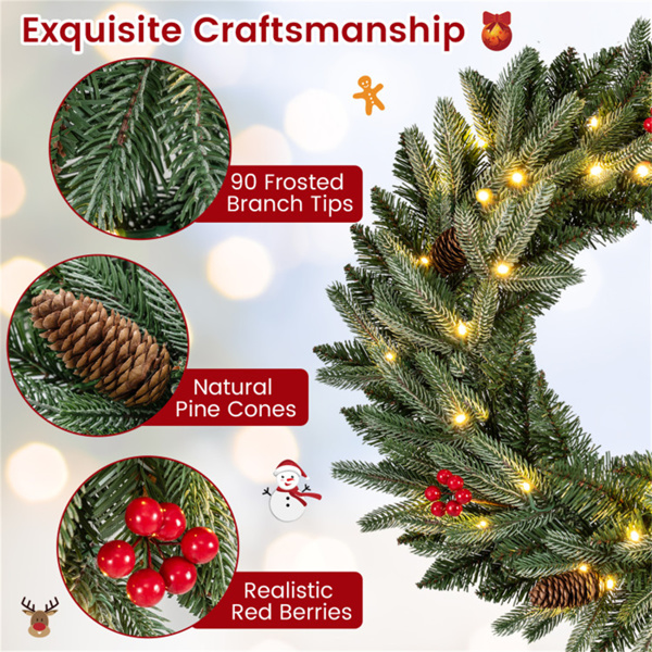 24英寸圣诞花环（绿色）-20个暖白色LED+松果+红色浆果-4