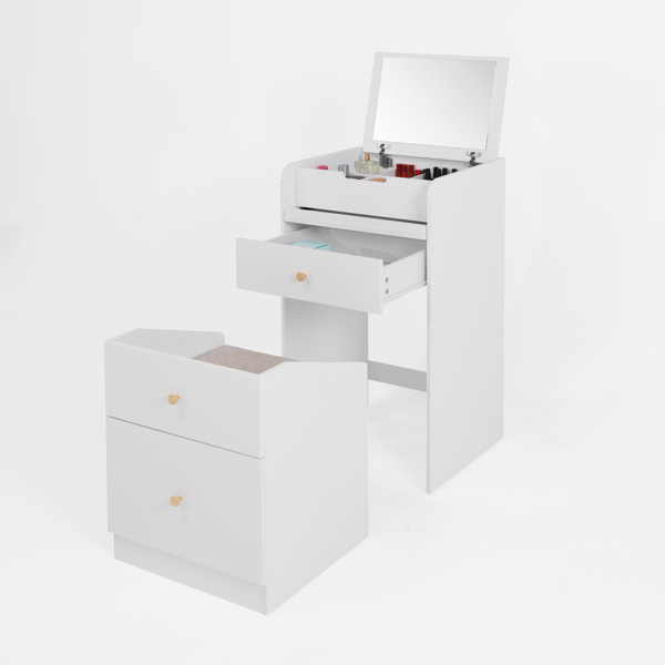 小型梳妆台带镜子 - 白色化妆台套装，包含化妆桌、椅子、抽屉，迷你节省空间，可爱梳妆台，适合女孩卧室或客厅-18