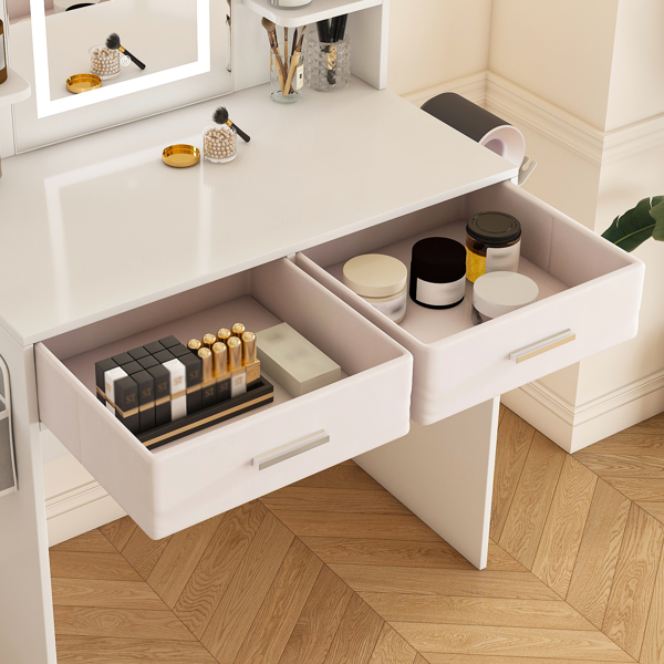 女士/女孩专用带灯LED镜面梳妆台 - 三色可调灯带、两个大抽屉、吹风机支架和无纺布收纳袋，化妆桌卧室家具-14