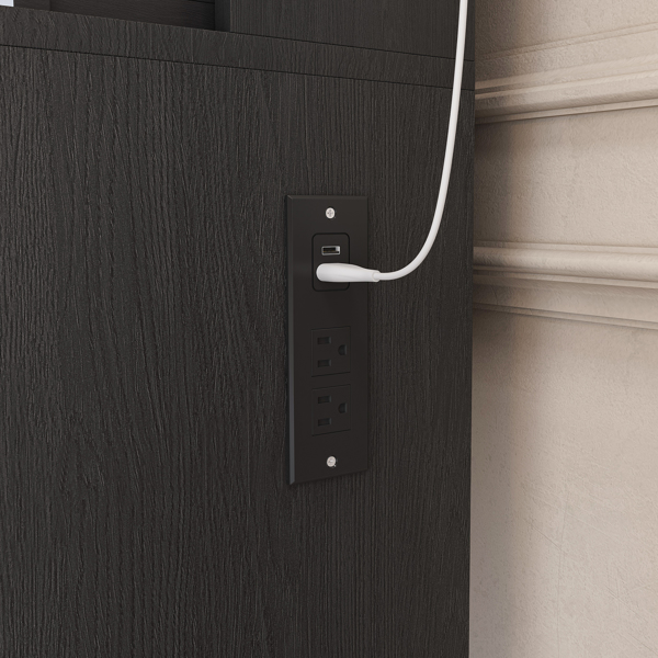 带镜子、可调节LED灯、电源插座、吹风机支架和凳子的梳妆台——适用于小卧室的紧凑型梳妆台（黑色）-14