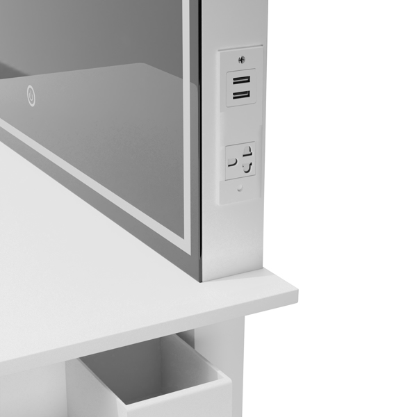 带镜子的梳妆台套装，化妆桌配有一个抽屉，可收纳化妆品，卧室梳妆台配有可调光LED灯和凳子，白色饰面-12