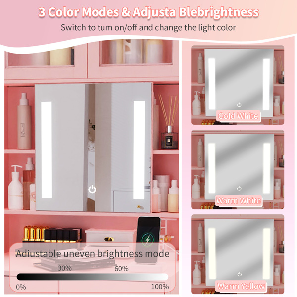 苹果粉 刨花板 贴麻面三胺 3抽2门 1LED3色调光可滑动镜 梳妆桌套装 带RGB灯带 1对羊角钩 排插 吹风机座 脚轮 小尺寸-10