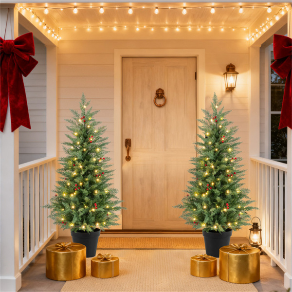 2棵4FT LED圣诞树，带定时器和15个红莓簇，易于组装-3