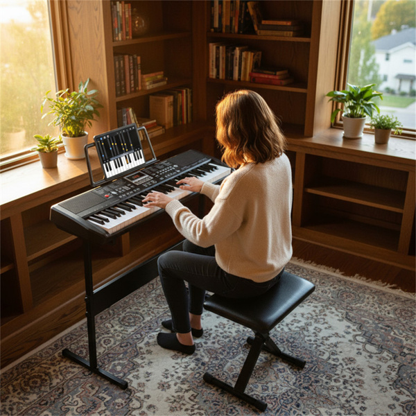 61键初学者钢琴键盘电动键盘套件，带可调节支架和凳子-7