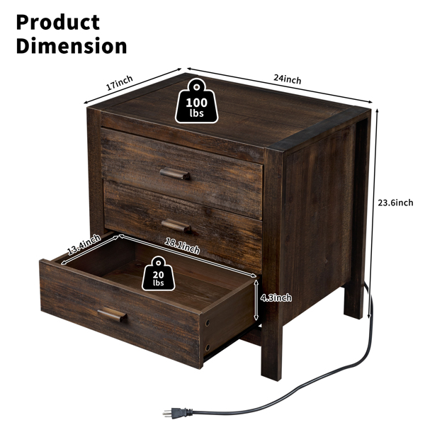 复古棕 密度板 贴实木皮 61*43*60cm 3抽 床头柜 带2个USB 2个电源接口-6