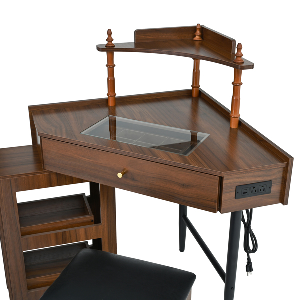 转角梳妆台套装，带储物软垫凳和充电站；三角形化妆台，带可拆卸拉出式侧柜；玻璃桌面化妆台，带抽屉和搁板；胡桃木色-10