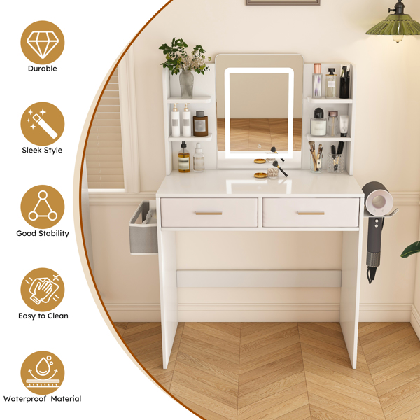 女士/女孩专用带灯LED镜面梳妆台 - 三色可调灯带、两个大抽屉、吹风机支架和无纺布收纳袋，化妆桌卧室家具-8