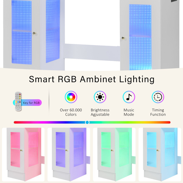 43.3英寸梳妆台，配有大镜子和好莱坞灯泡，现代玻璃台面化妆台，带抽屉和电源插座，大型梳妆台，带3种颜色照明模式和RGB柜子，适用于卧室-11