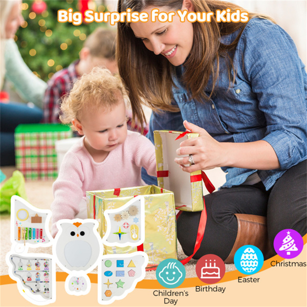 11合1蒙特梭利猫头鹰活动墙-STEM感官忙碌板，带磁性白板，3岁以上儿童-10