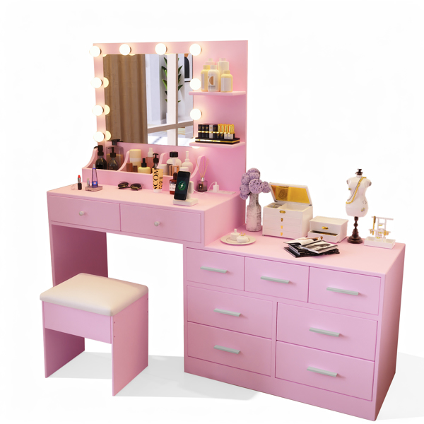 马卡龙粉 刨花板 贴麻面三胺 9抽2层架 1桌面收纳 梳妆桌套装 带三色调光灯泡 组合柜-2