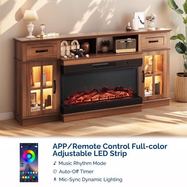 70寸深胡桃木色二门二抽一搁架方格玻璃壁炉柜 177.8*45*80cm 36寸三面玻璃壁炉芯-2