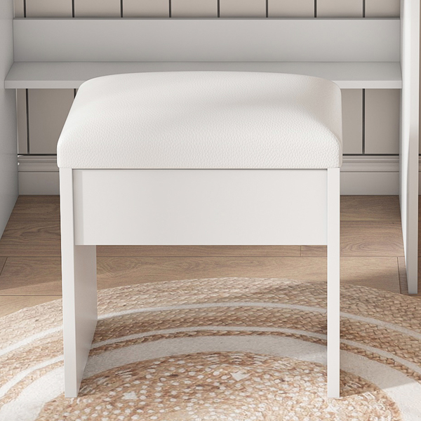 带镜子、可调节LED灯、电源插座、吹风机支架和凳子的梳妆台——适用于小卧室的紧凑型梳妆台（白色）-11