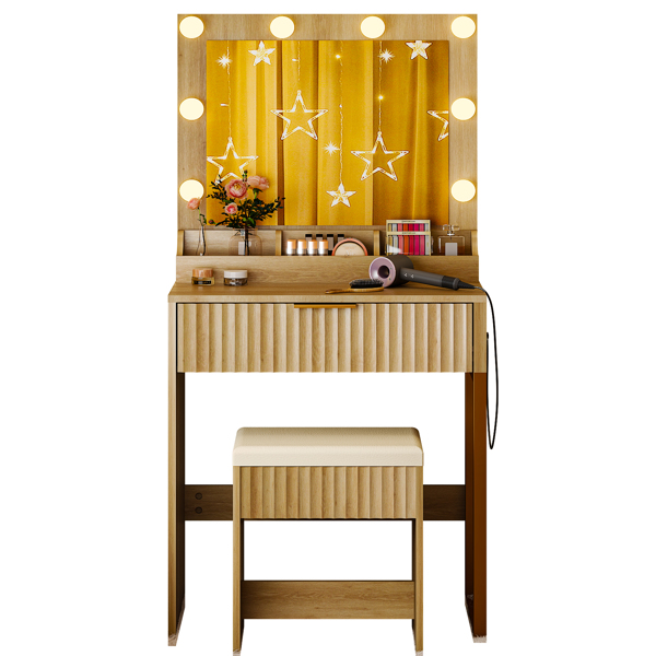 橡木色 刨花板 贴麻面三胺 1抽3格 梳妆桌套装 带8粒三色调光灯泡 排插 格栅系列-2